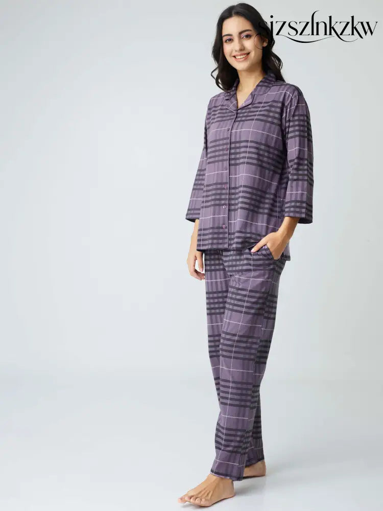 Classic Chex Cotton Knits Collared PJ Set - Collar Pajama