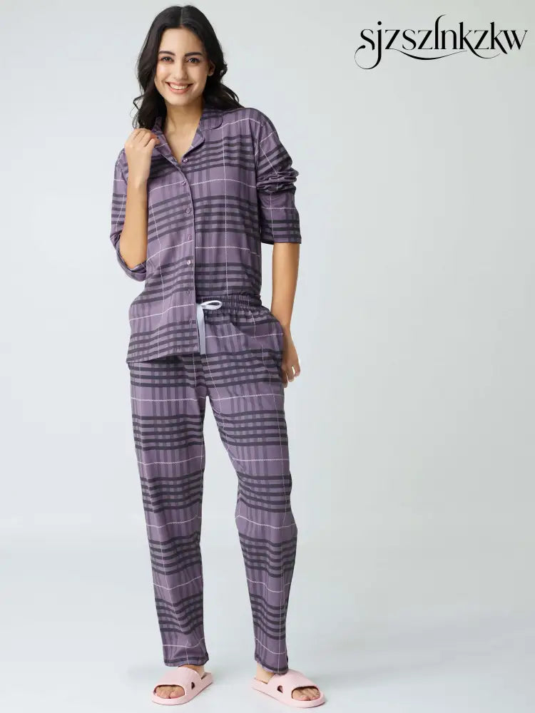 Classic Chex Cotton Knits Collared PJ Set - Collar Pajama