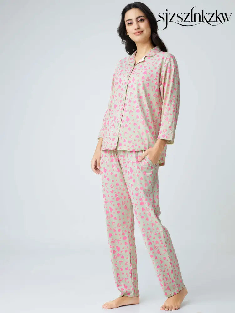 Dream away Cotton Knits Collared PJ Set - Collar Pajama