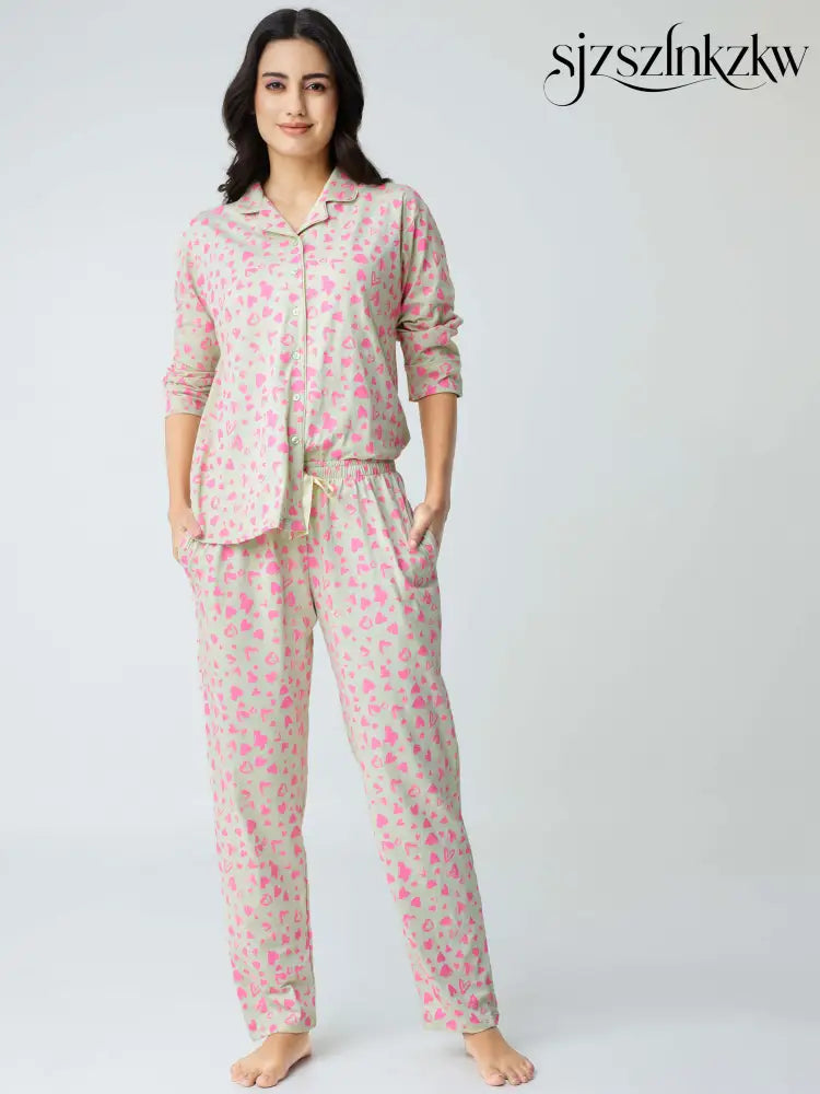 Dream away Cotton Knits Collared PJ Set - Collar Pajama