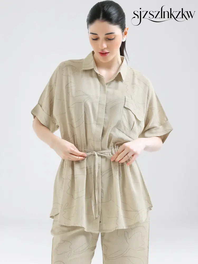 Women’s Beige Linen Co-ord Set with Drawstring Waist - Travel Co-Ord Sets