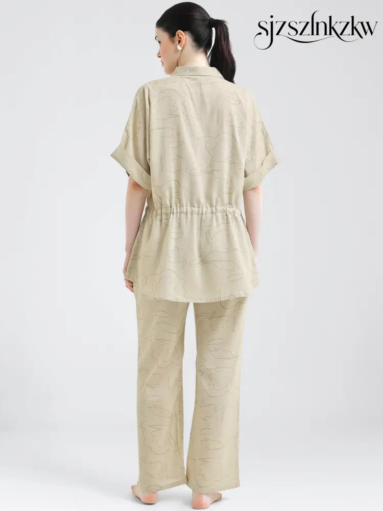 Women’s Beige Linen Co-ord Set with Drawstring Waist - Travel Co-Ord Sets