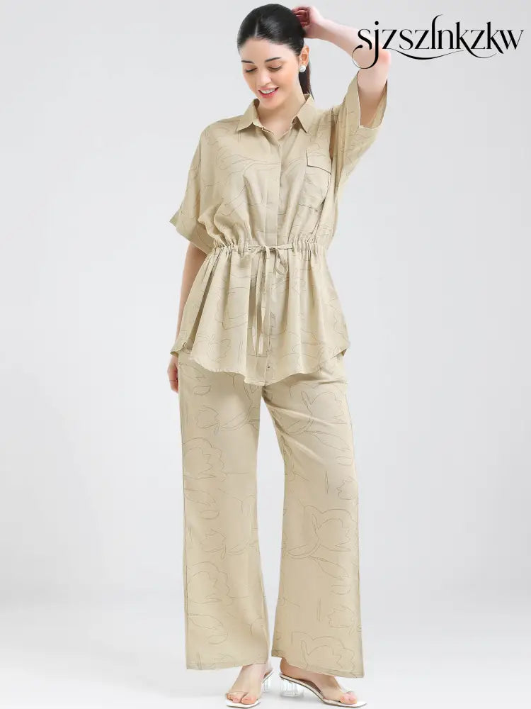 Women’s Beige Linen Co-ord Set with Drawstring Waist - Travel Co-Ord Sets