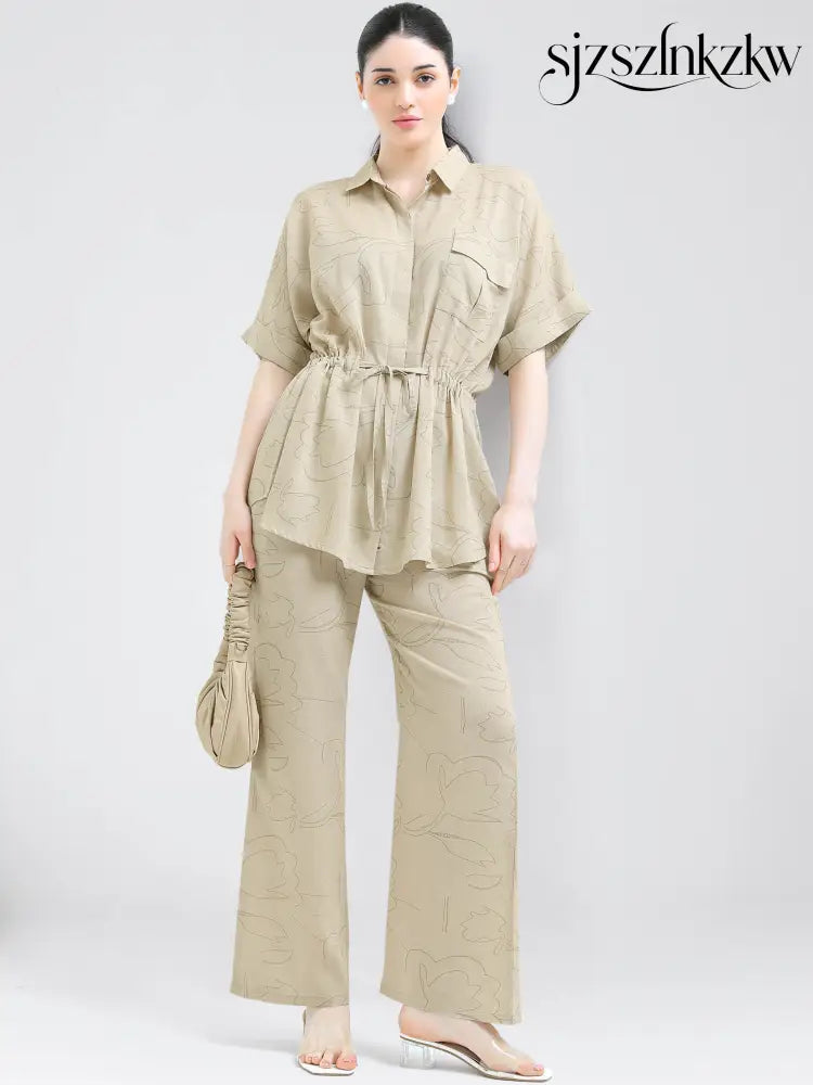 Women’s Beige Linen Co-ord Set with Drawstring Waist - Travel Co-Ord Sets