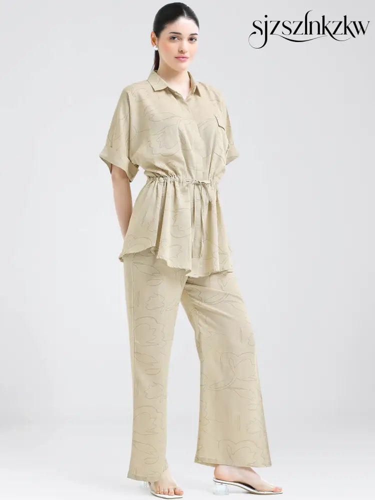 Women’s Beige Linen Co-ord Set with Drawstring Waist - Travel Co-Ord Sets