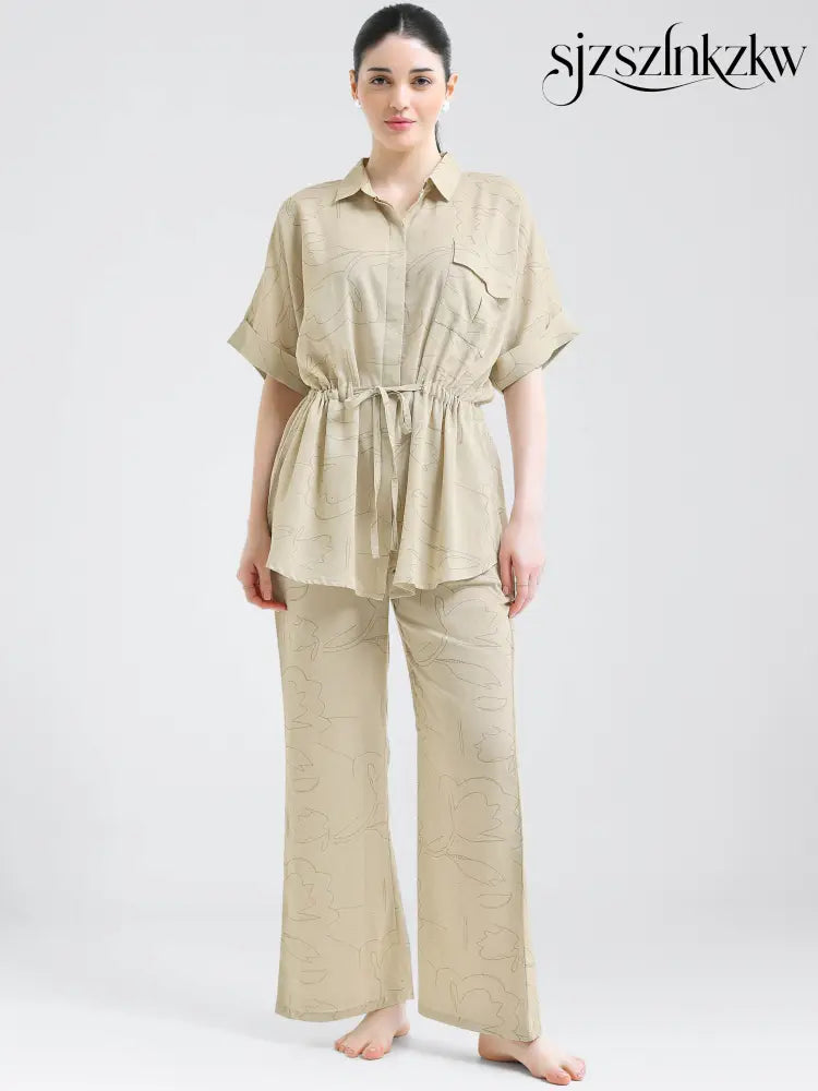 Women’s Beige Linen Co-ord Set with Drawstring Waist - Travel Co-Ord Sets