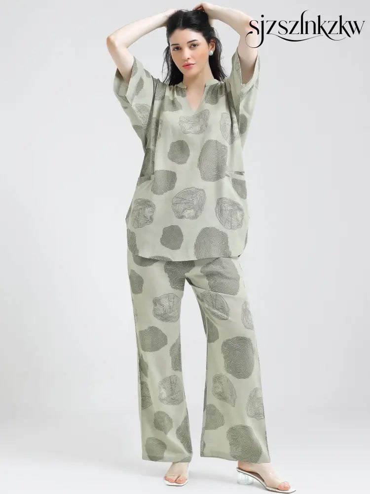 Women’s Green Abstract Print Linen Co-ord Set - Travel Co-Ord Sets