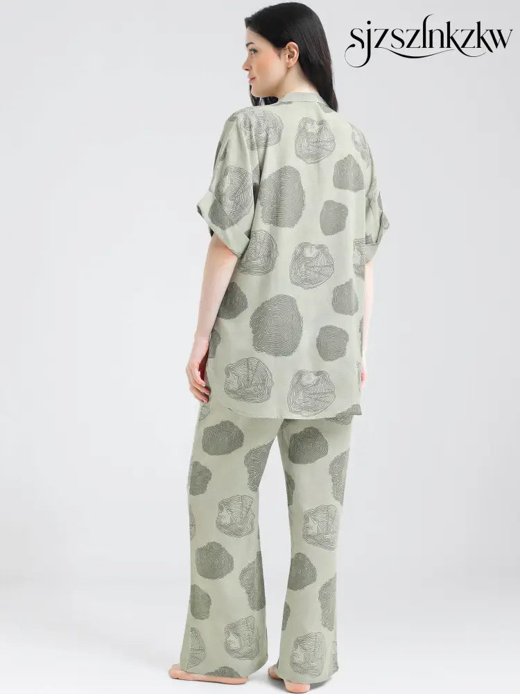 Women’s Green Abstract Print Linen Co-ord Set - Travel Co-Ord Sets