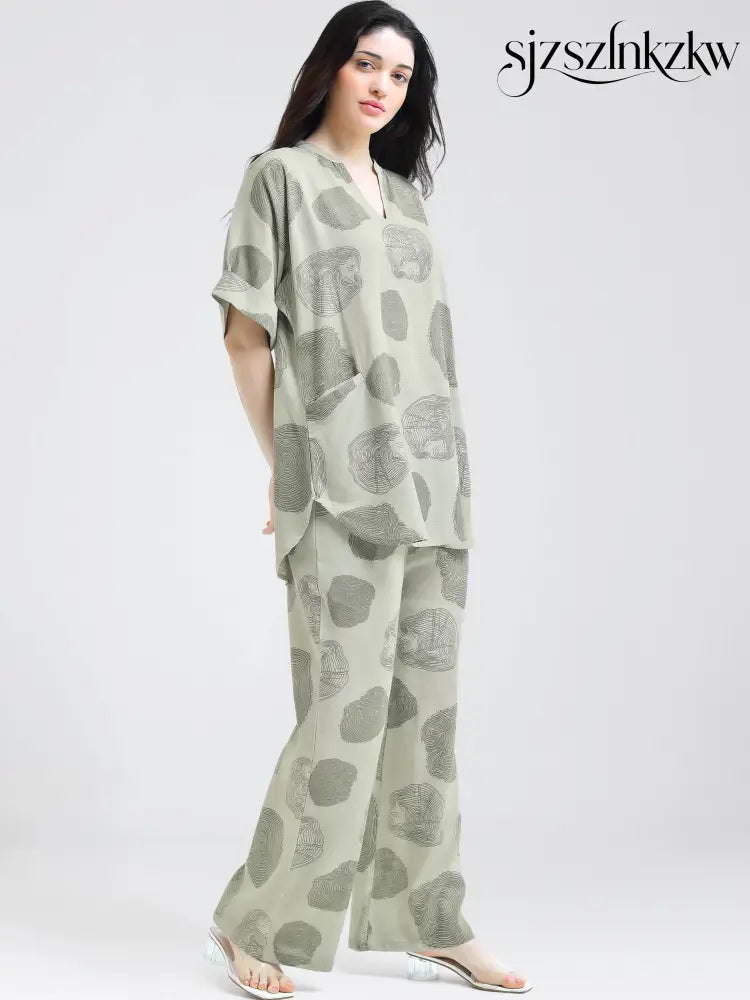 Women’s Green Abstract Print Linen Co-ord Set - Travel Co-Ord Sets
