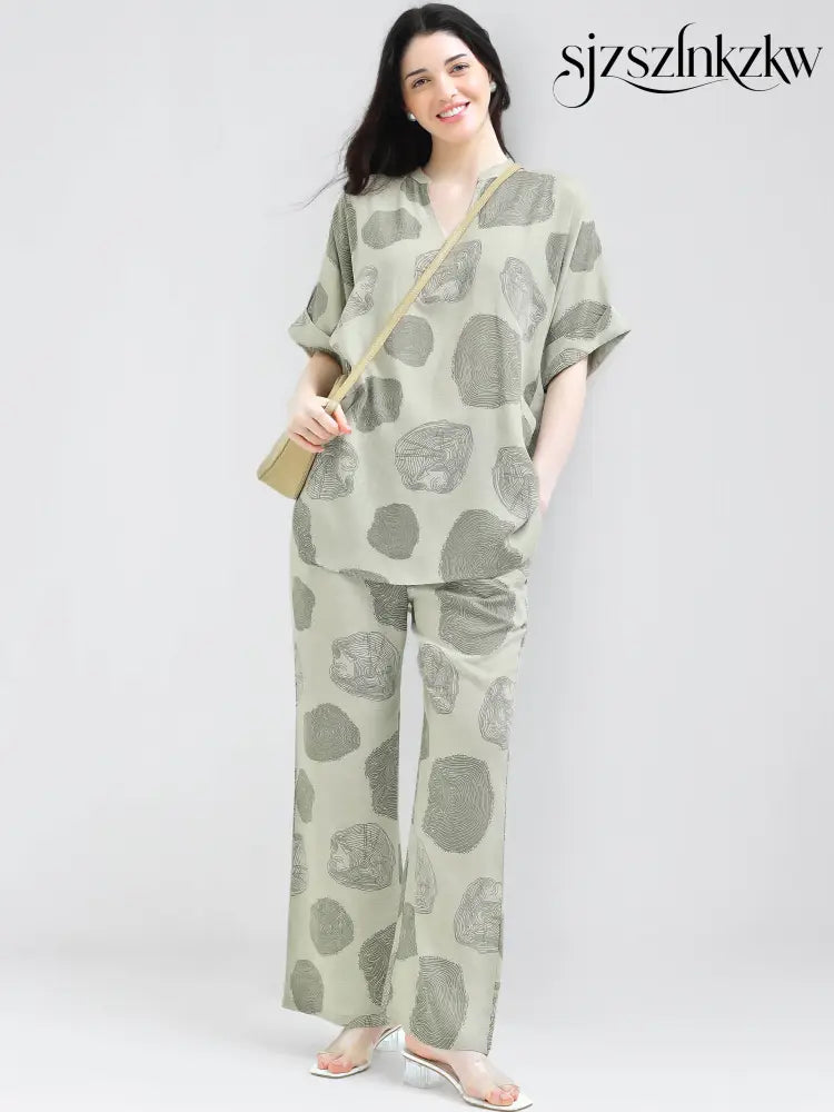 Women’s Green Abstract Print Linen Co-ord Set - Travel Co-Ord Sets
