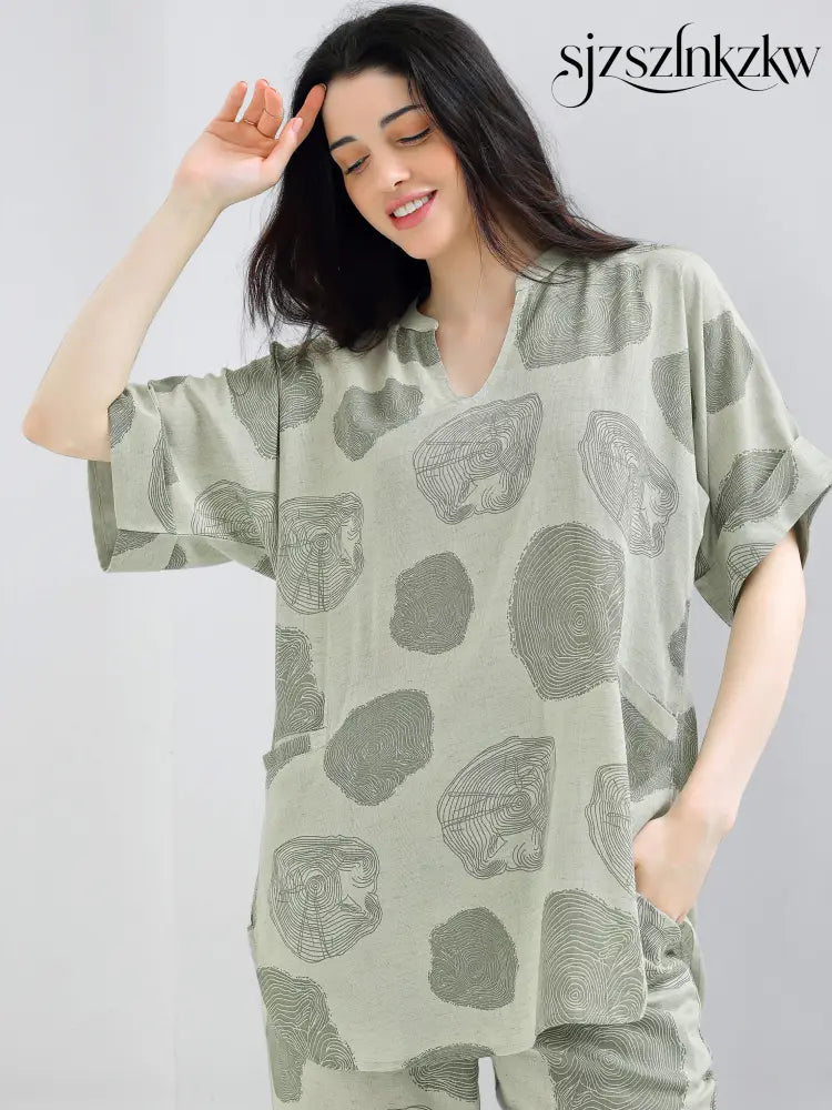 Women’s Green Abstract Print Linen Co-ord Set - Travel Co-Ord Sets
