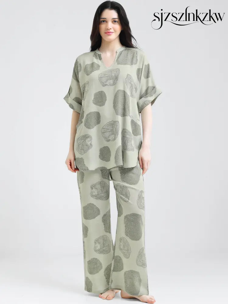 Women’s Green Abstract Print Linen Co-ord Set - Travel Co-Ord Sets