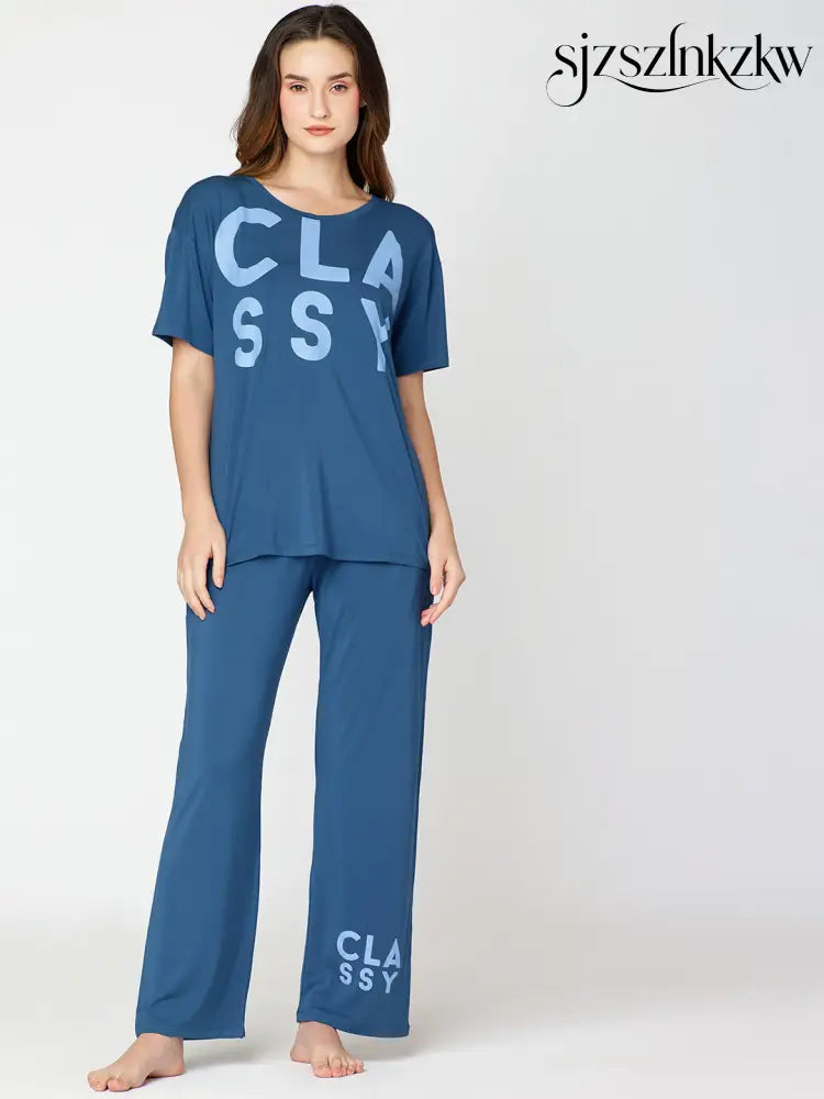 Womens Modal Night Suit Blue Printed Top & Pajama - Top Pajama