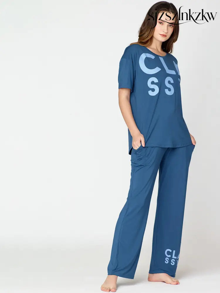 Womens Modal Night Suit Blue Printed Top & Pajama - Top Pajama