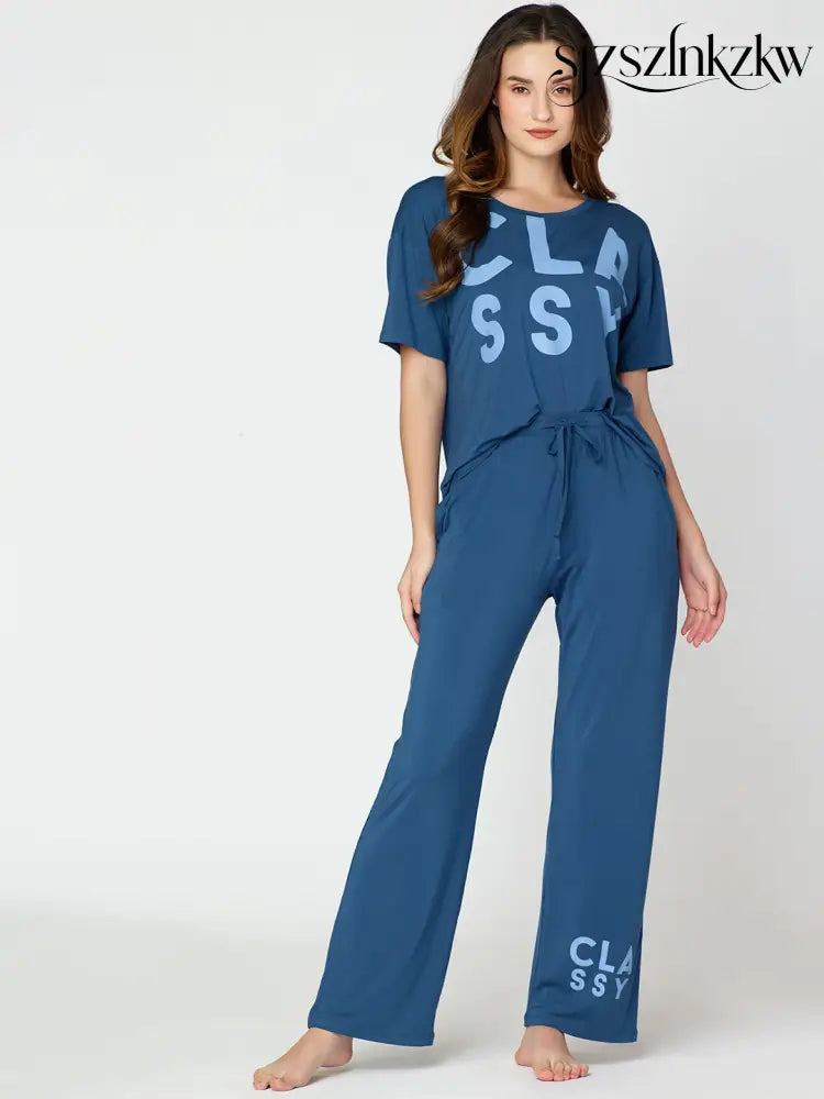 Womens Modal Night Suit Blue Printed Top & Pajama - Top Pajama