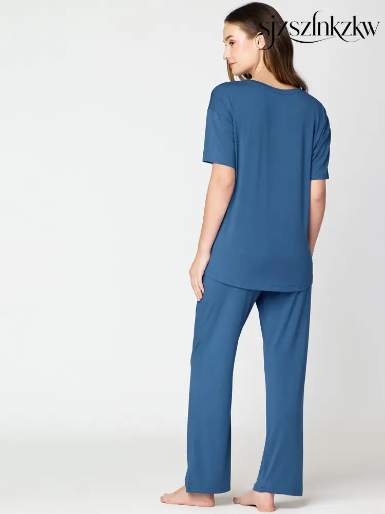 Womens Modal Night Suit Blue Printed Top & Pajama - Top Pajama