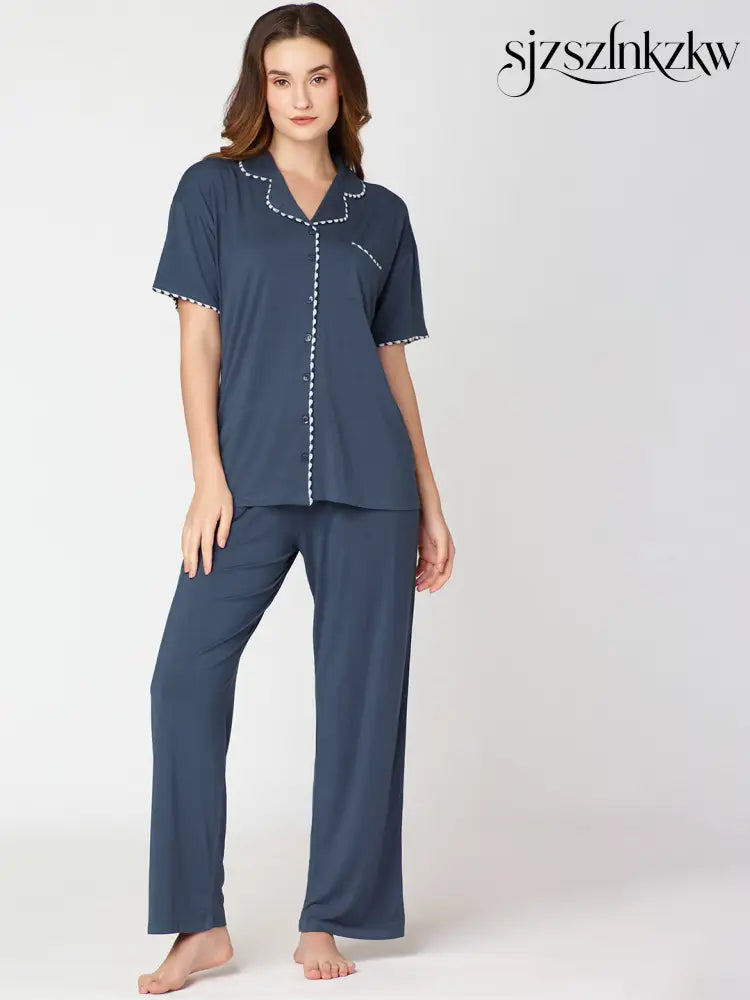Womens Modal Night Suit Blue Solid Plain Shirt & Pajama - Collar Pajama