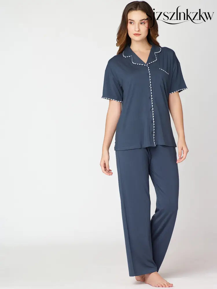 Womens Modal Night Suit Blue Solid Plain Shirt & Pajama - Collar Pajama