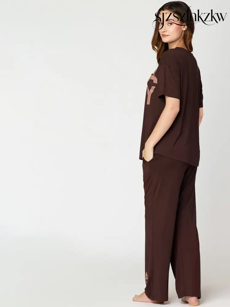 Womens Modal Night Suit Brown Printed Top & Pajama - Top Pajama