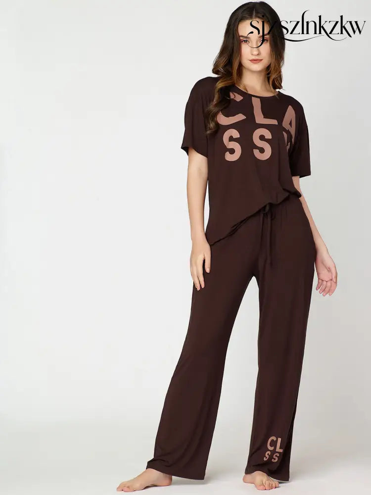 Womens Modal Night Suit Brown Printed Top & Pajama - Top Pajama