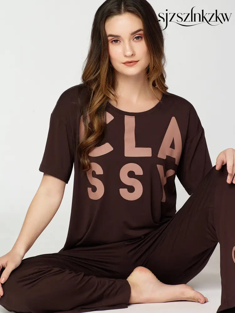 Womens Modal Night Suit Brown Printed Top & Pajama - Top Pajama