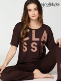 Womens Modal Night Suit Brown Printed Top & Pajama - Top Pajama