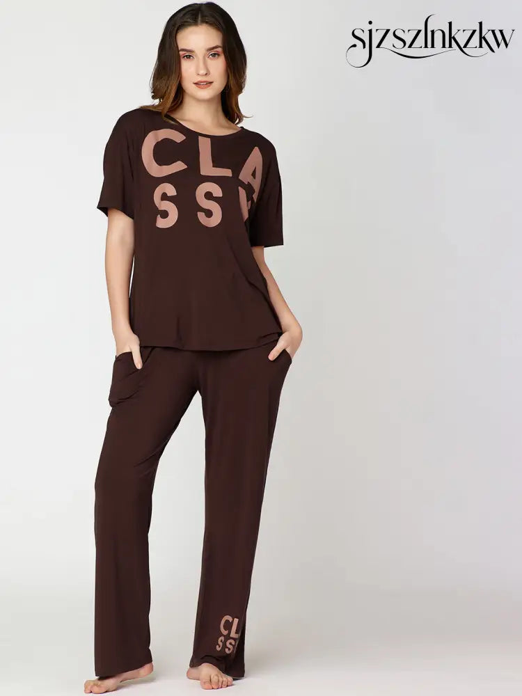 Womens Modal Night Suit Brown Printed Top & Pajama - Top Pajama