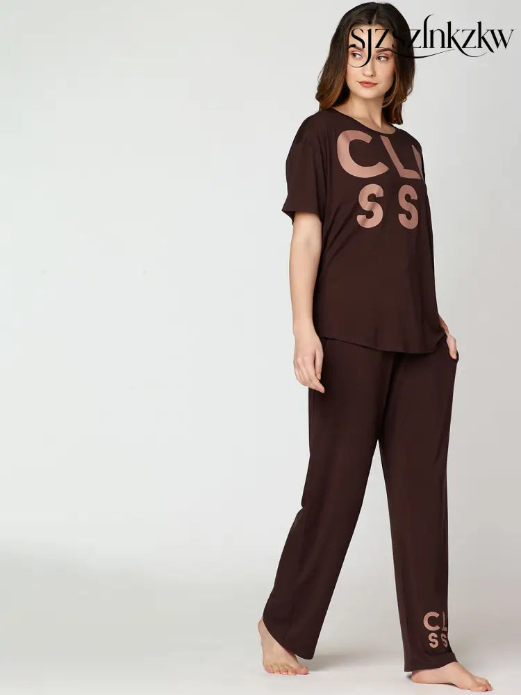 Womens Modal Night Suit Brown Printed Top & Pajama - Top Pajama