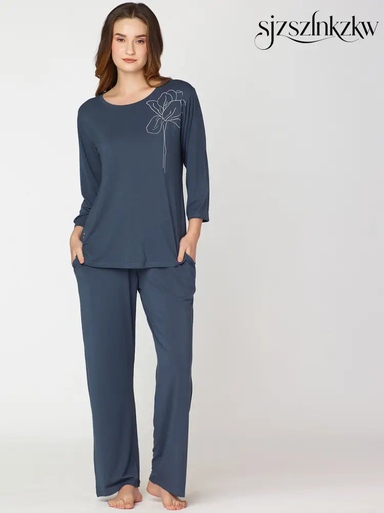 Womens Modal Night Suit Dark Blue Solid Top & Pajama - Top Pajama