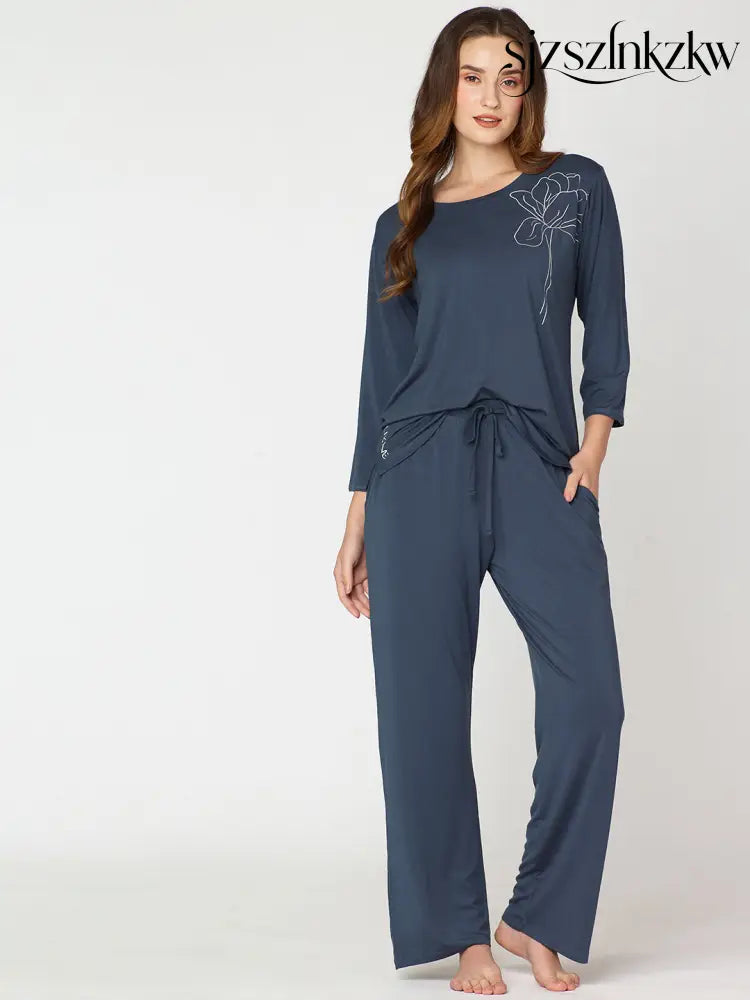 Womens Modal Night Suit Dark Blue Solid Top & Pajama - Top Pajama