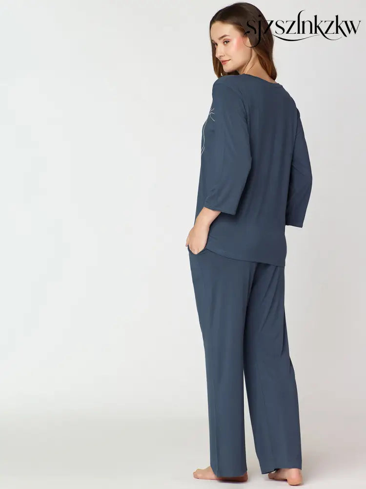 Womens Modal Night Suit Dark Blue Solid Top & Pajama - Top Pajama