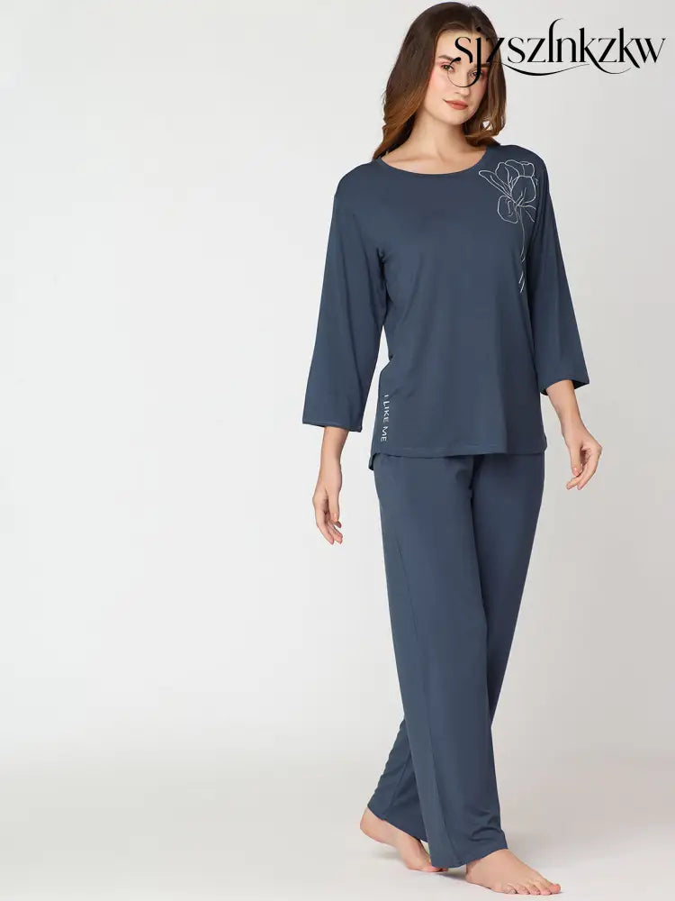Womens Modal Night Suit Dark Blue Solid Top & Pajama - Top Pajama