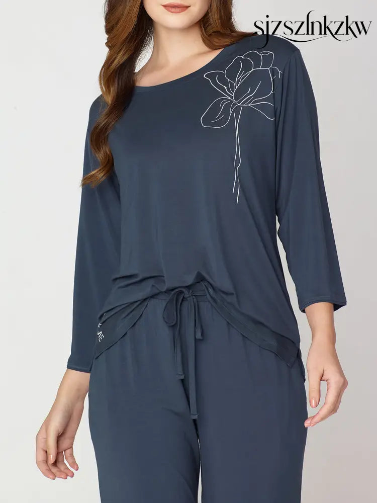Womens Modal Night Suit Dark Blue Solid Top & Pajama - Top Pajama