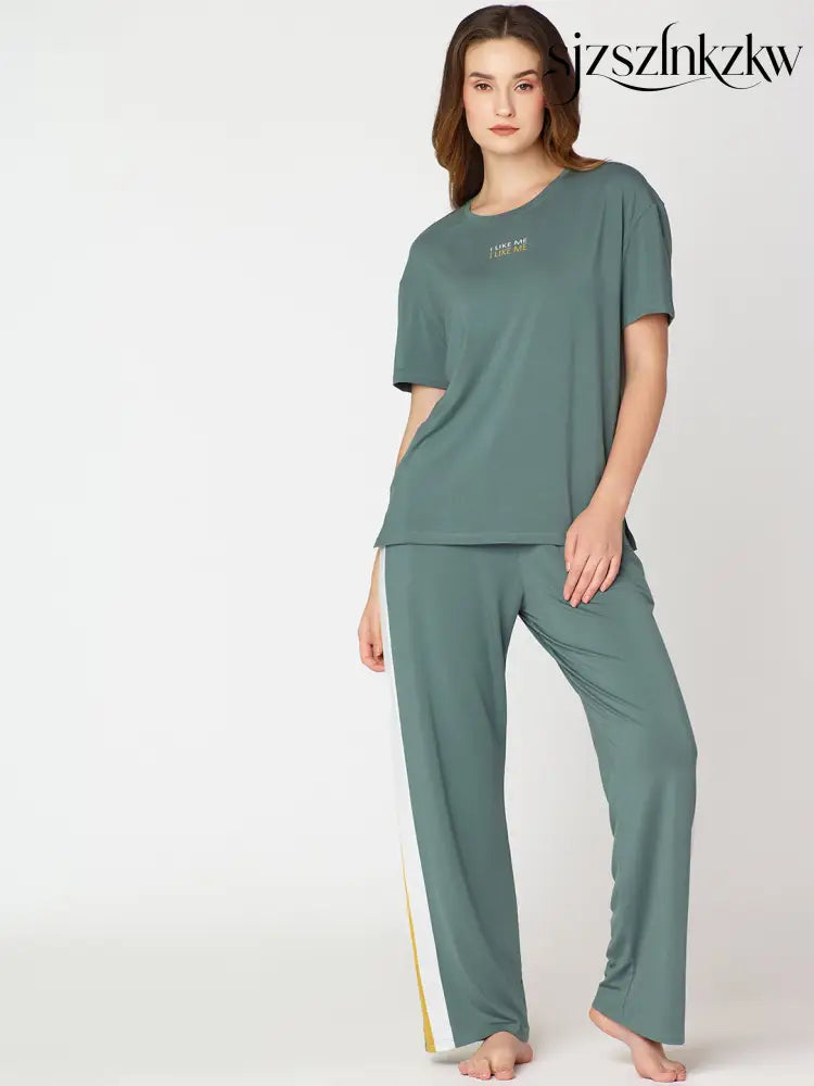 Womens Modal Night Suit Green Solid Side Stripes Top & Pajama - Top Pajama