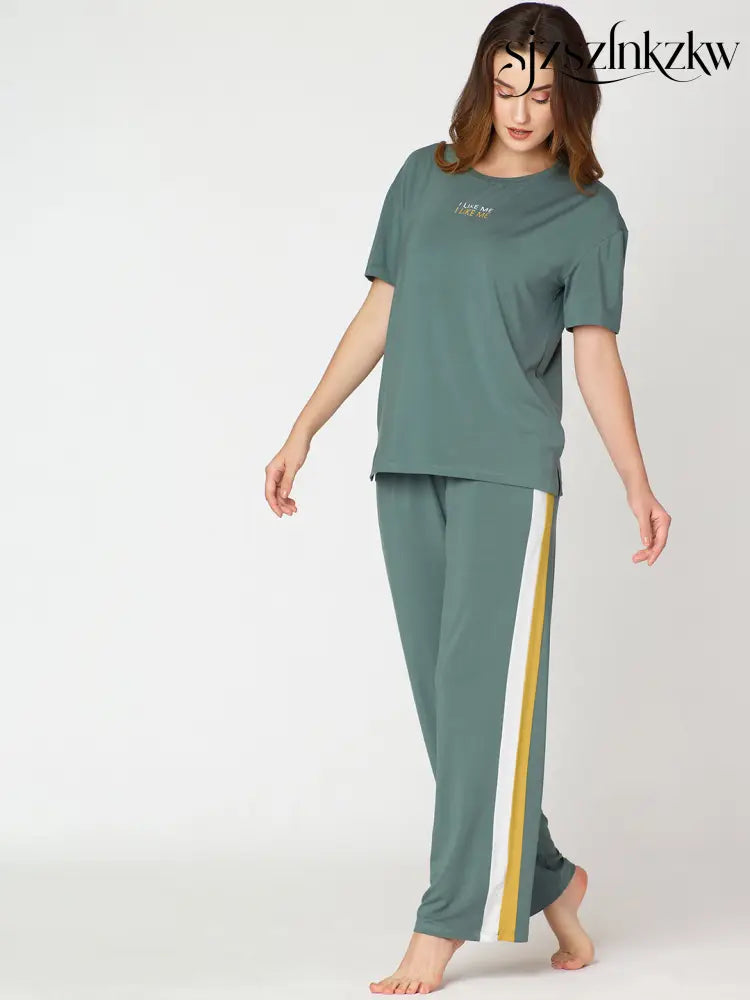 Womens Modal Night Suit Green Solid Side Stripes Top & Pajama - Top Pajama