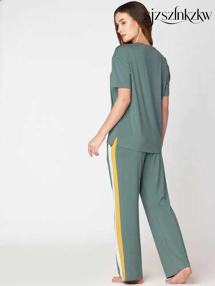 Womens Modal Night Suit Green Solid Side Stripes Top & Pajama - Top Pajama