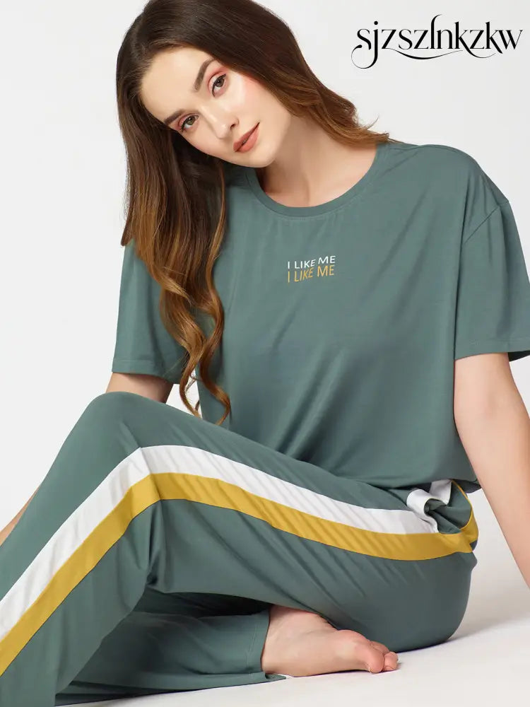 Womens Modal Night Suit Green Solid Side Stripes Top & Pajama - Top Pajama
