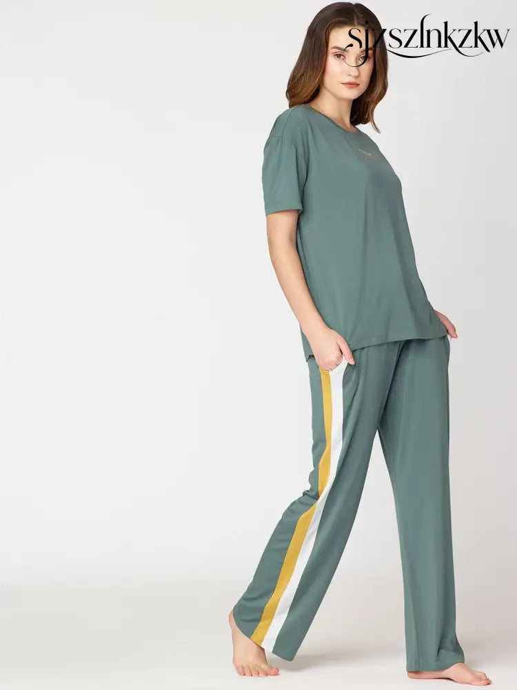Womens Modal Night Suit Green Solid Side Stripes Top & Pajama - Top Pajama