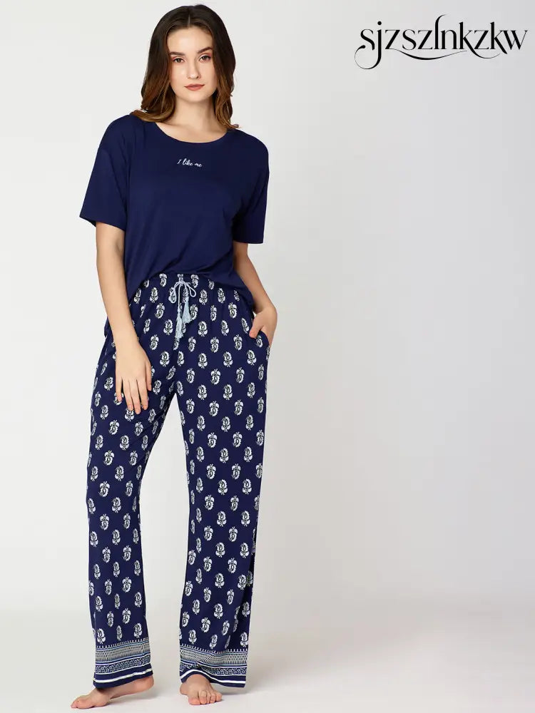 Womens Modal Night Suit Navy Blue Block Printed Top & Plazo - Top Pajama