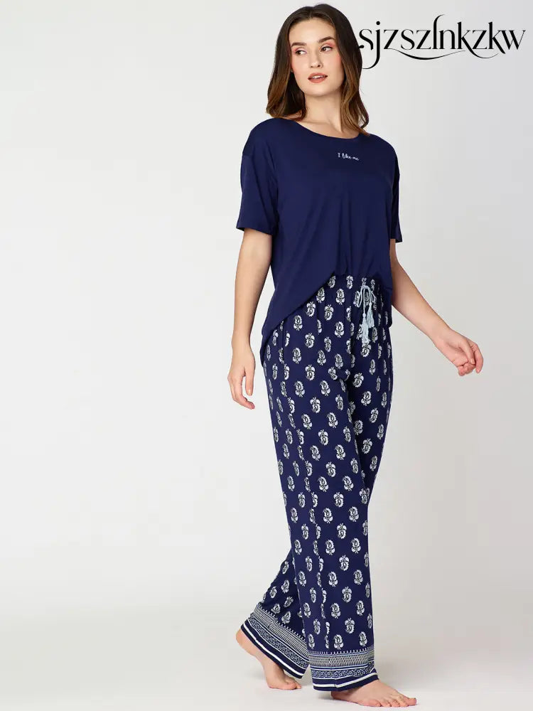 Womens Modal Night Suit Navy Blue Block Printed Top & Plazo - Top Pajama