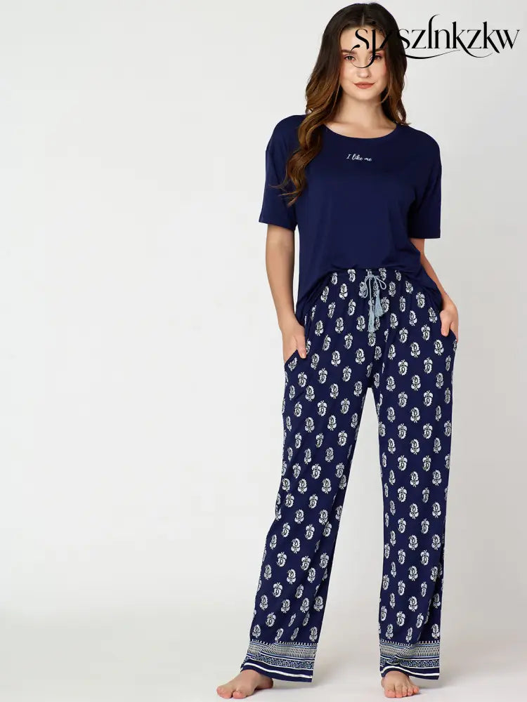 Womens Modal Night Suit Navy Blue Block Printed Top & Plazo - Top Pajama