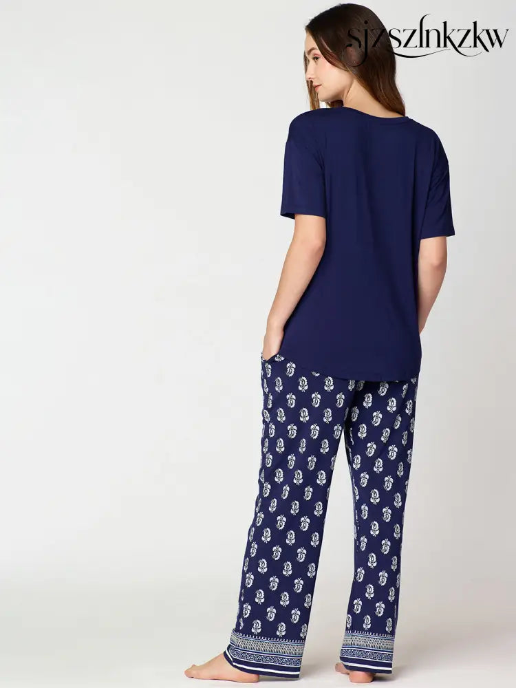 Womens Modal Night Suit Navy Blue Block Printed Top & Plazo - Top Pajama