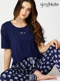 Womens Modal Night Suit Navy Blue Block Printed Top & Plazo - Top Pajama