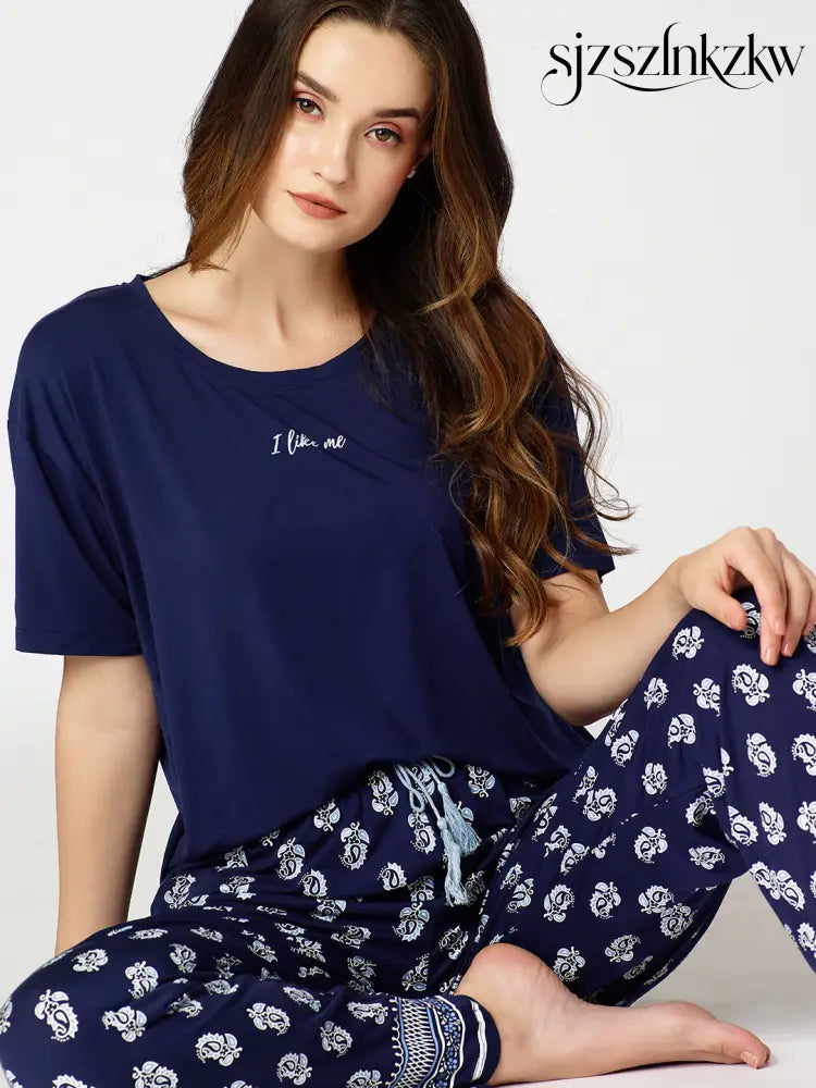 Womens Modal Night Suit Navy Blue Block Printed Top & Plazo - Top Pajama