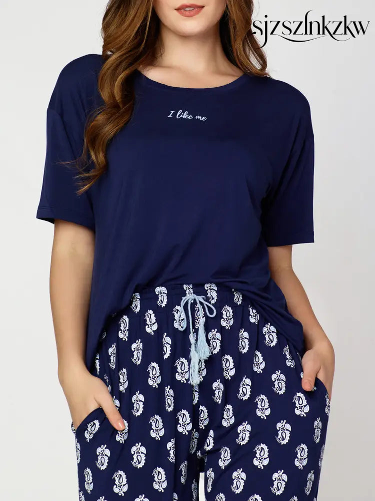 Womens Modal Night Suit Navy Blue Block Printed Top & Plazo - Top Pajama