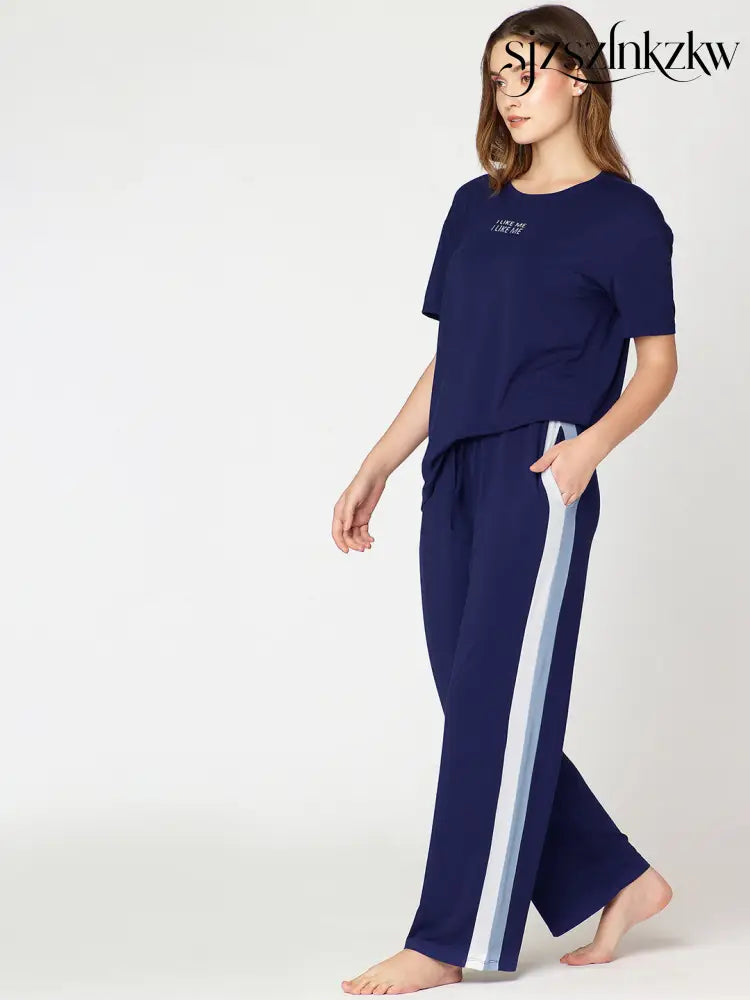 Womens Modal Night Suit Navy Blue Solid Side Stripes Top & Pajama - Top Pajama