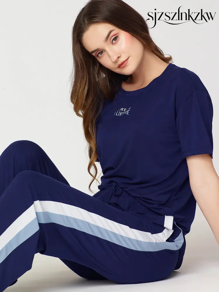 Womens Modal Night Suit Navy Blue Solid Side Stripes Top & Pajama - Top Pajama