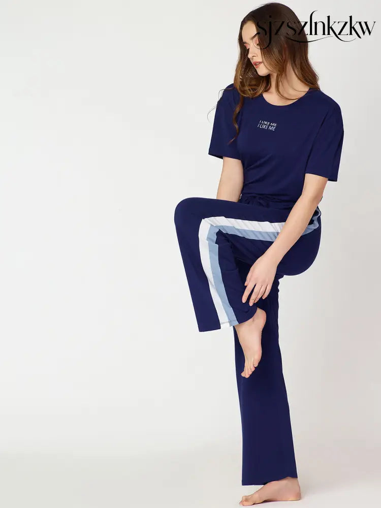 Womens Modal Night Suit Navy Blue Solid Side Stripes Top & Pajama - Top Pajama