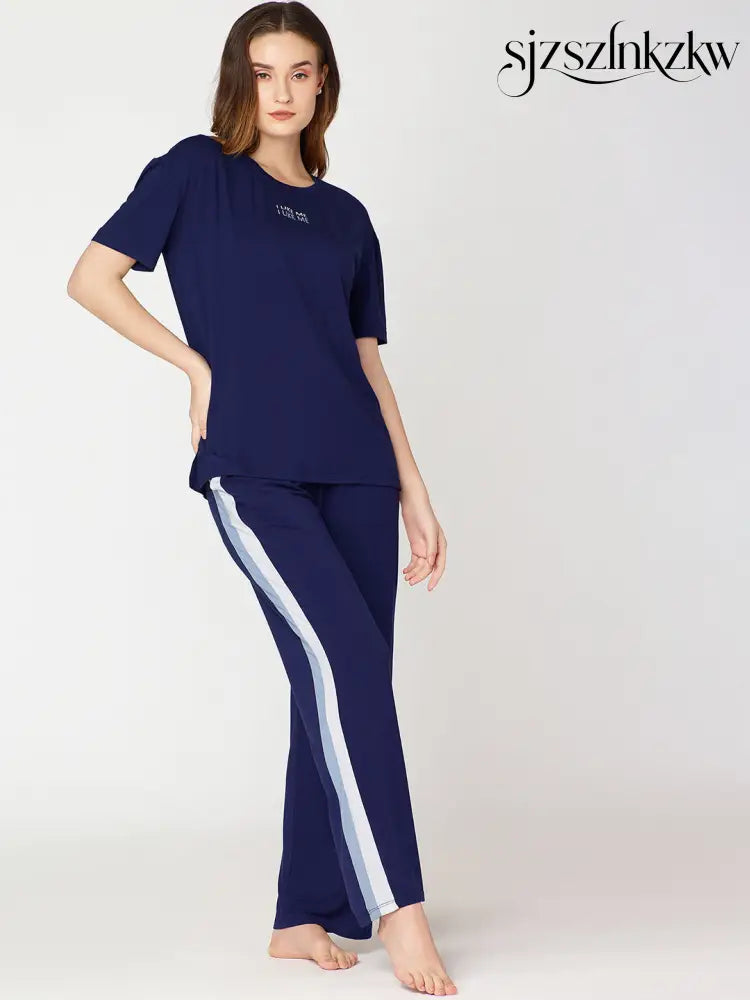 Womens Modal Night Suit Navy Blue Solid Side Stripes Top & Pajama - Top Pajama