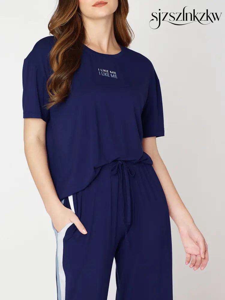 Womens Modal Night Suit Navy Blue Solid Side Stripes Top & Pajama - Top Pajama